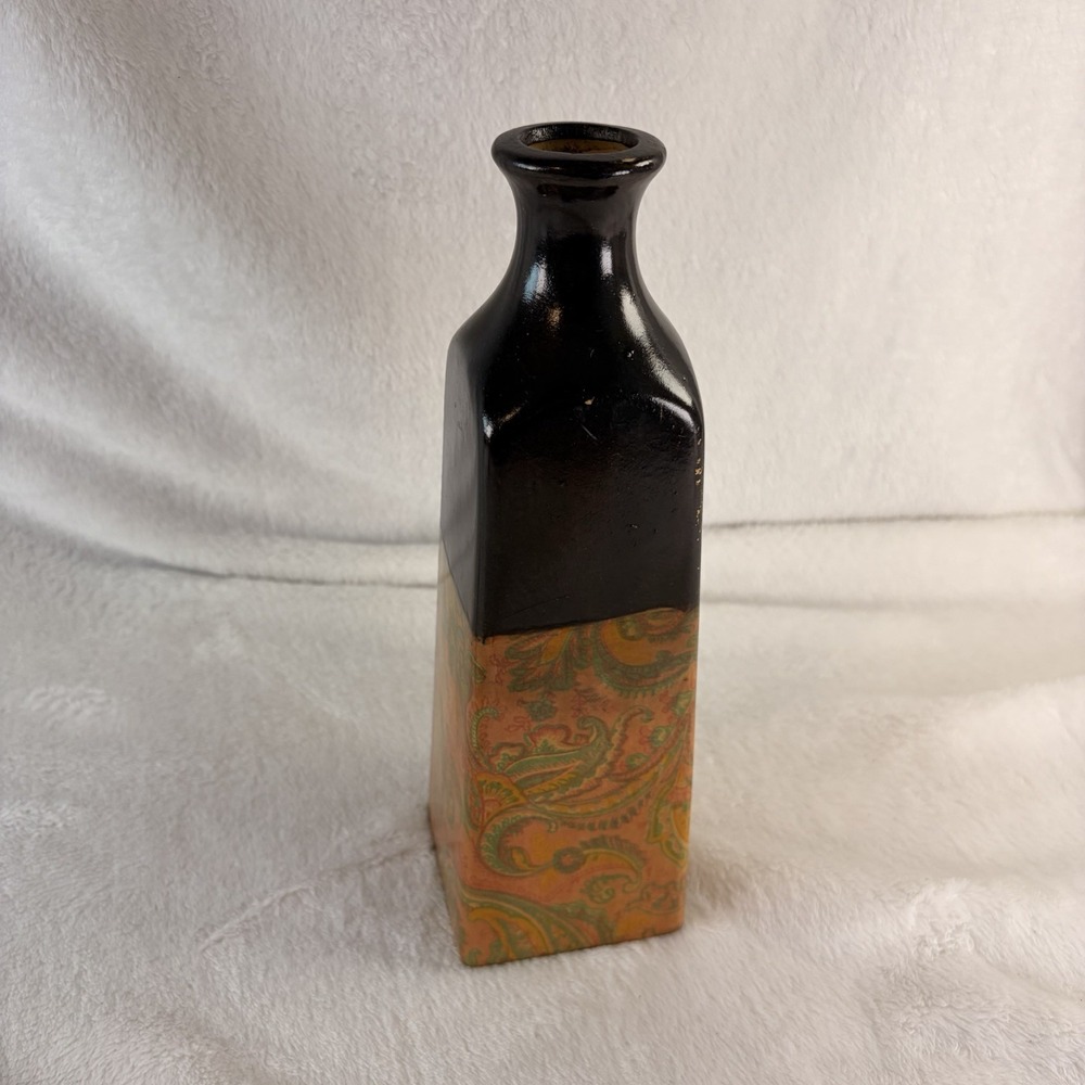 Vintage 00s Square Ceramic‎ Bottle Vase – Glossy Brown & Paisley Pattern EVC